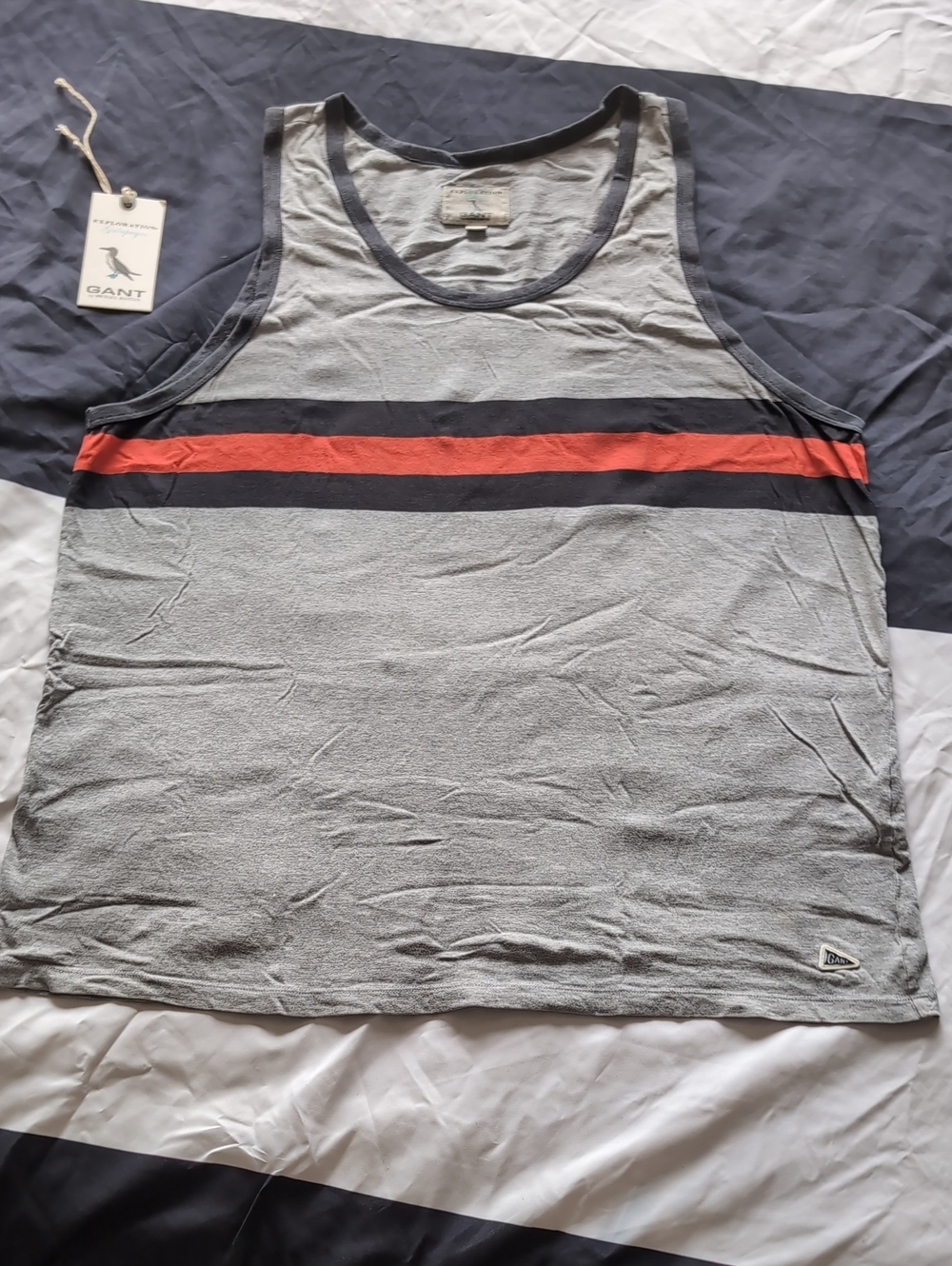 GANT Gray Tank Top with Bold Navy-Orange Stripe - Looks like GUCCI 🤩 Galapogos